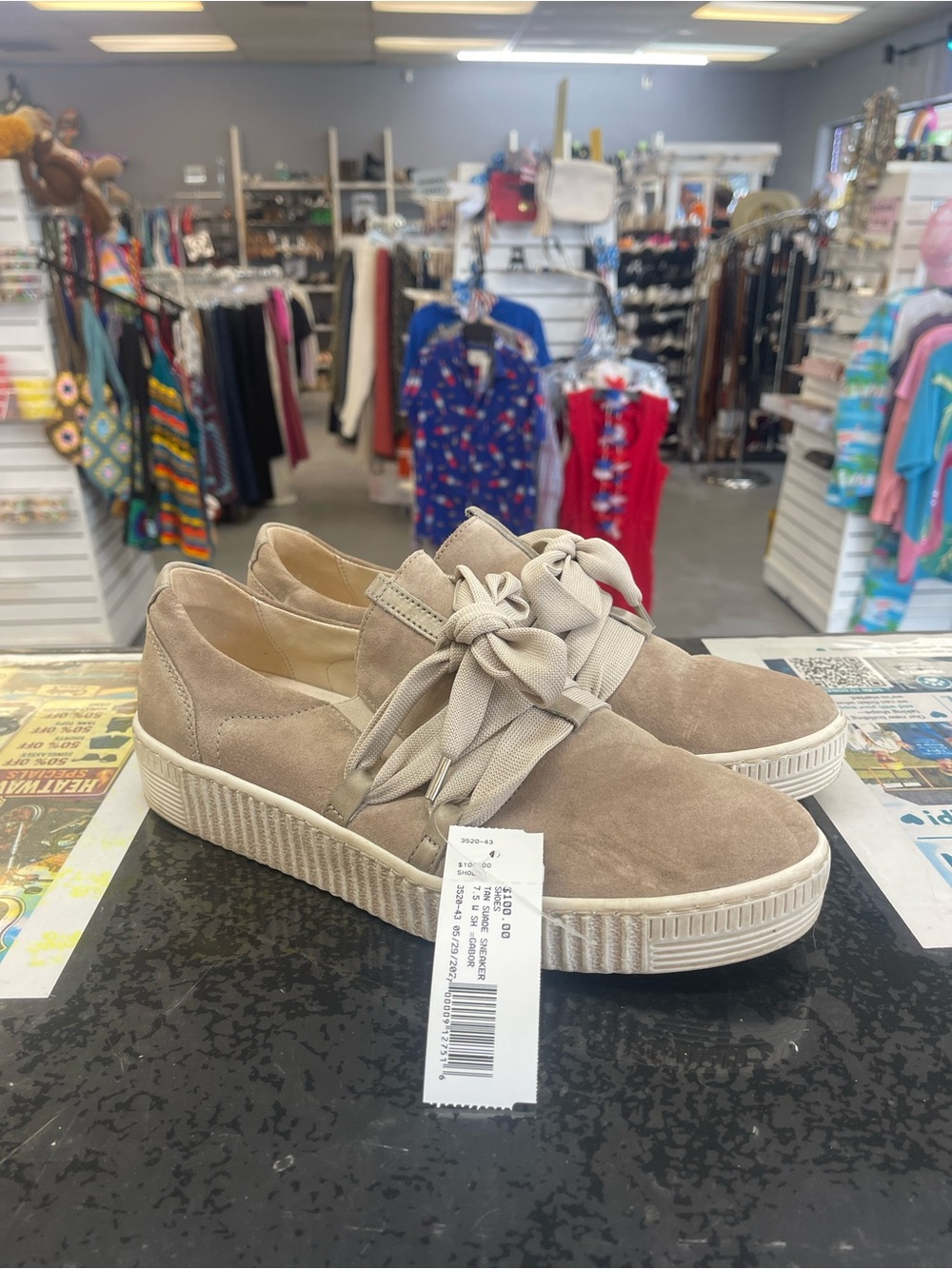 Gabor Beige Suede Slip-On Sneakers with Bow Accent